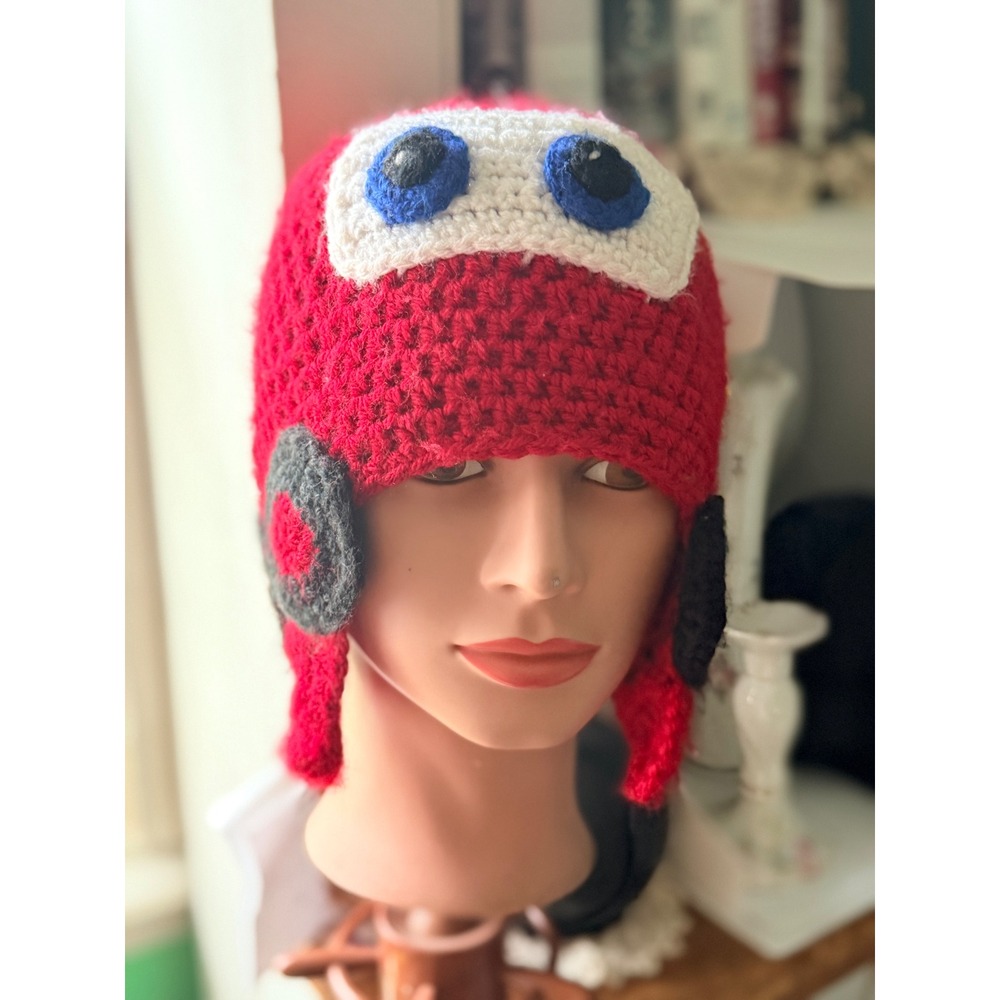 Handmade Race Car Crochet Hat Scarf Mittens Set Kids Red Lightning Bolt